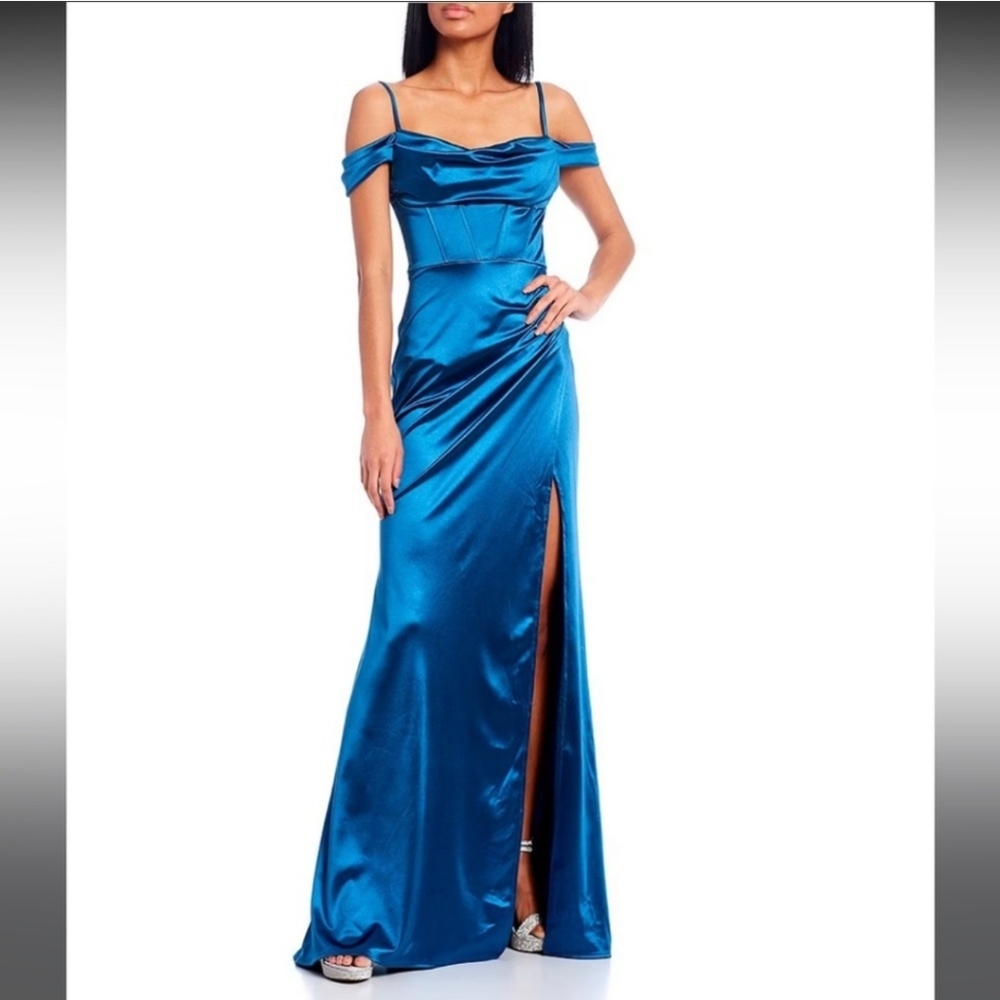 NWT B Darlin Womens Blue Satin Cowl Neck High Slit Corset Gown Juniors Size 1/2